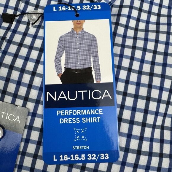 Nautica Mens Large 16-16.5 32/33 Blue Performance Slim Fit Dress Button Up Shirt - Picture 2 of 6